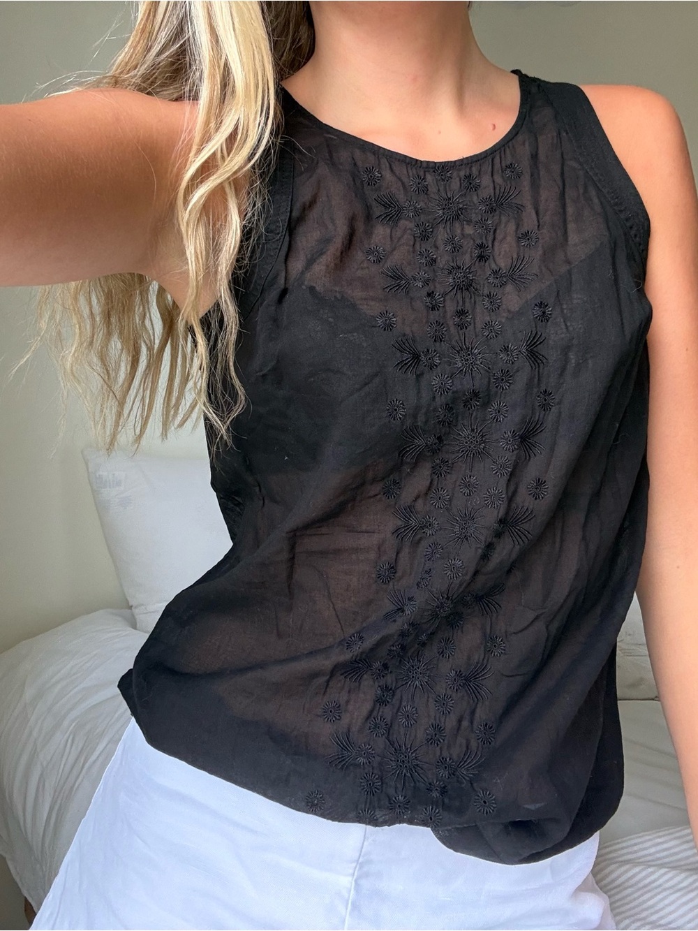 vintage Black Embroidered sheer Tank Top